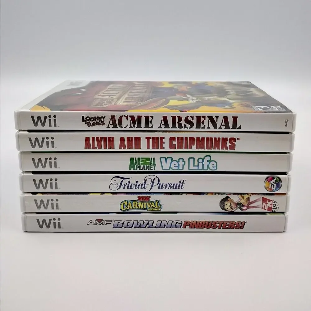 Wii 6 Game Lot Looney Tunes Carnival Games Trivial Pursuit Vet Life Bowling